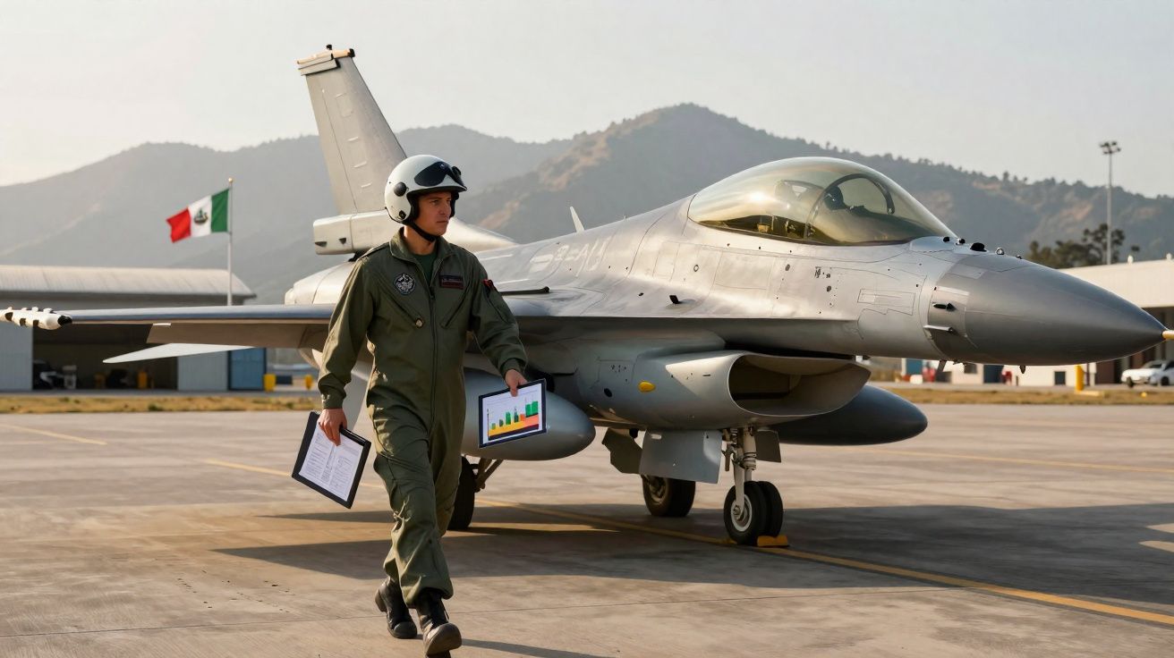 Piloto militar com capacete caminha junto a caça F-16 numa pista de aeroporto, bandeira do México ao fundo.