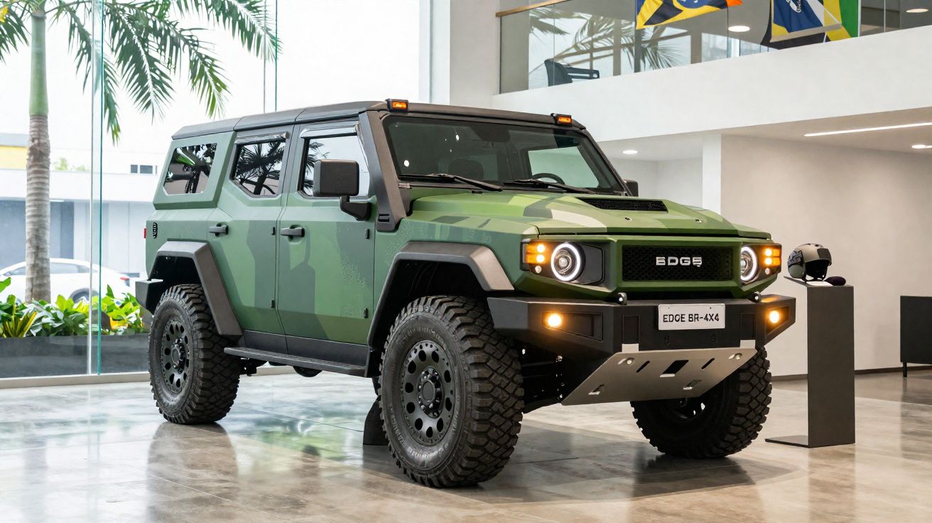 Veículo SUV 4x4 verde militar com design robusto exposto em salão moderno com chão de mármore.