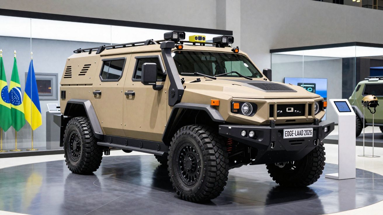 Veículo blindado militar bege exposto em salão com bandeiras do Brasil e Ucrânia ao fundo.