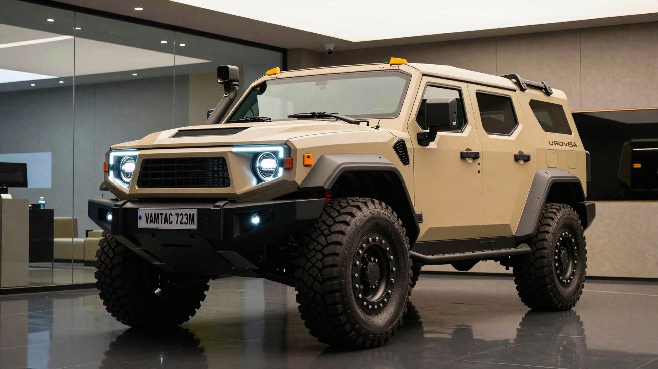 Veículo todo-o-terreno robusto, bege, com faróis LED circulares e pneus de grande dimensão, em ambiente interior moderno.