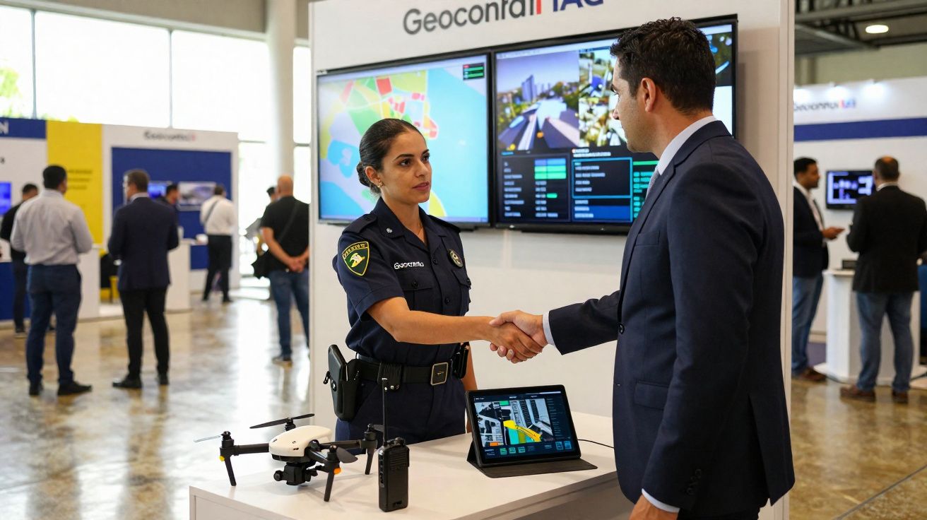 Polícia e homem de fato cumprimentam-se num stand com drone e ecrãs de monitoramento no fundo.