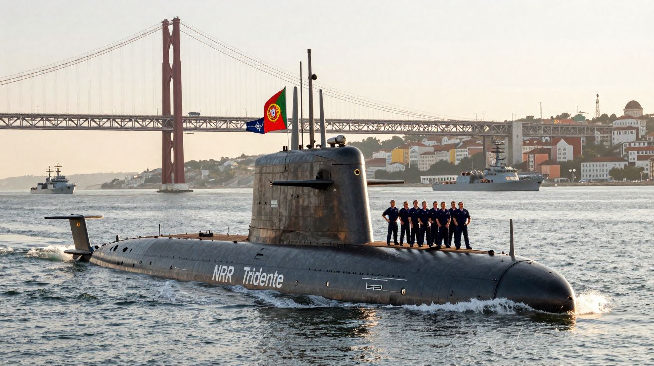 Submarino português NRR Tridente com tripulação a bordo navegando perto da ponte 25 de Abril em Lisboa.