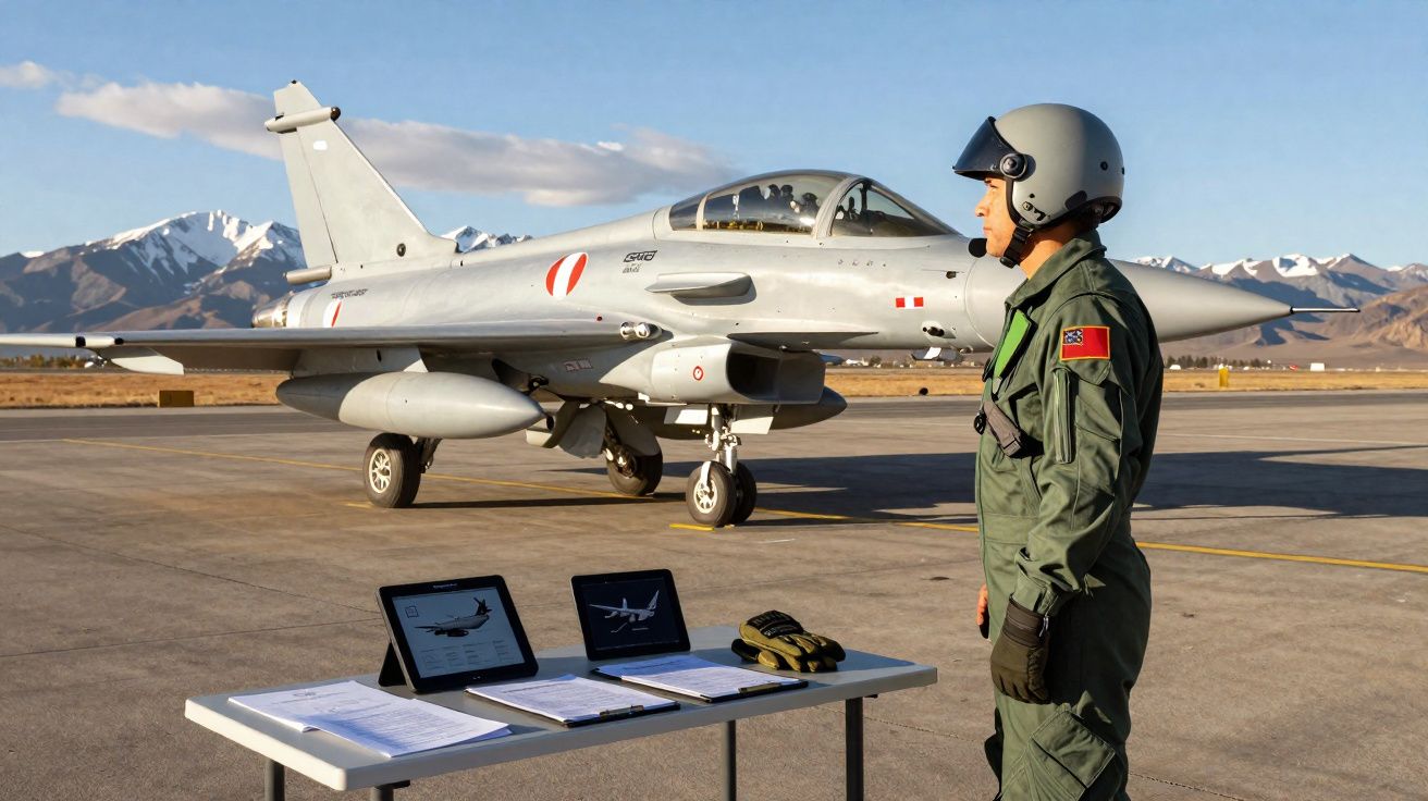 Piloto militar em fato de voo e capacete ao lado de avião de combate e mesa com documentos numa pista de aeroporto.