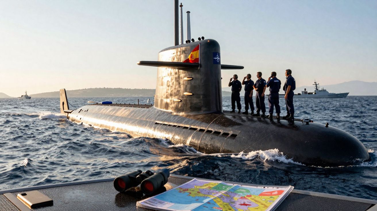 Submarino com tripulação em cima no mar, com mapa e binóculos no primeiro plano e navios ao fundo.