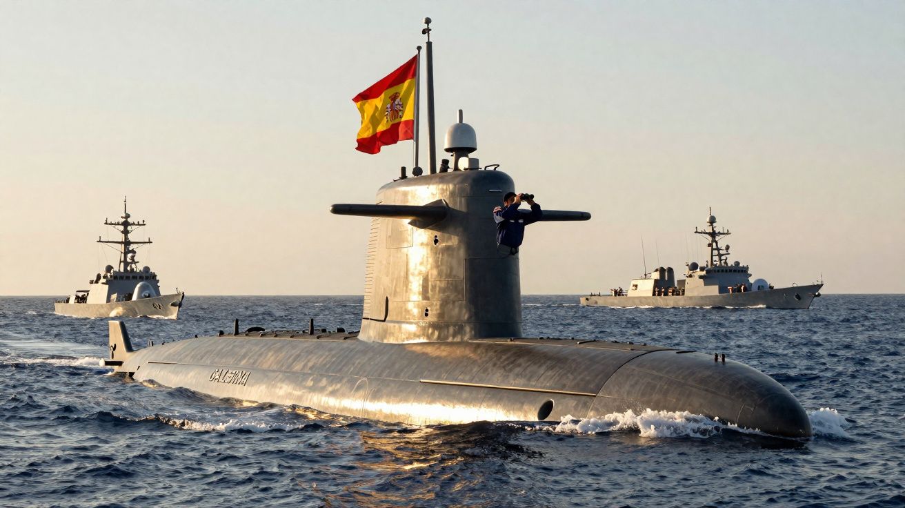 Submarino com bandeira espanhola e navios de guerra ao fundo no mar ao pôr do sol.