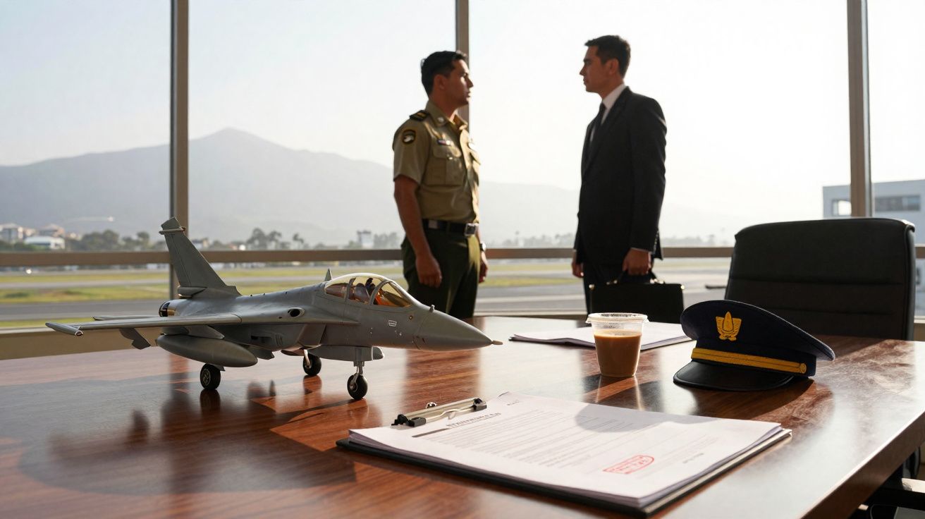 Dois homens em escritório com modelo de avião militar, documentos, café e boina sobre mesa junto a janela ampla.