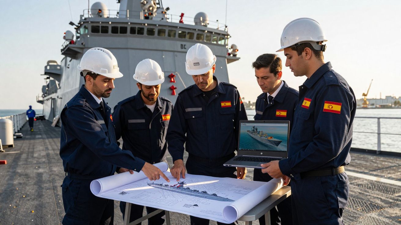 Cinco homens com uniformes e capacetes discutem plantas e imagem digital de navio numa embarcação.