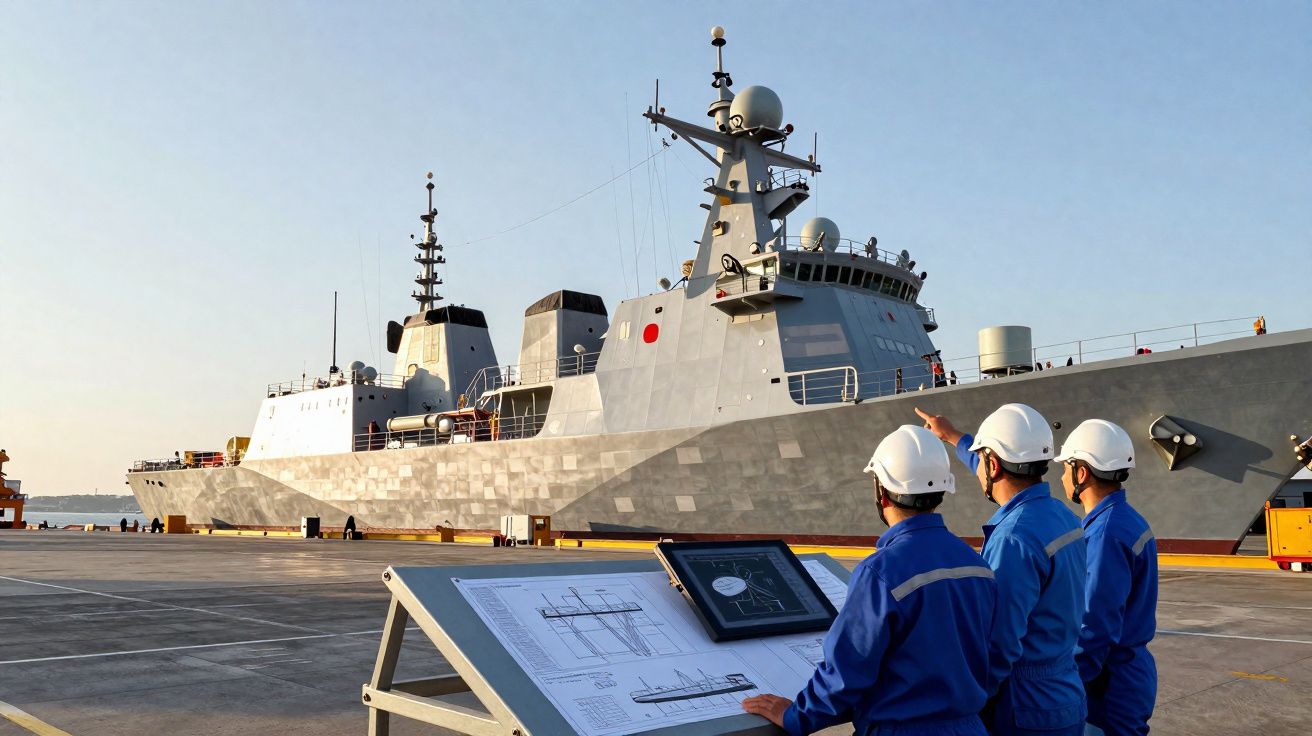 Três trabalhadores de capacete observam um navio militar atracado junto ao cais ao pôr do sol.