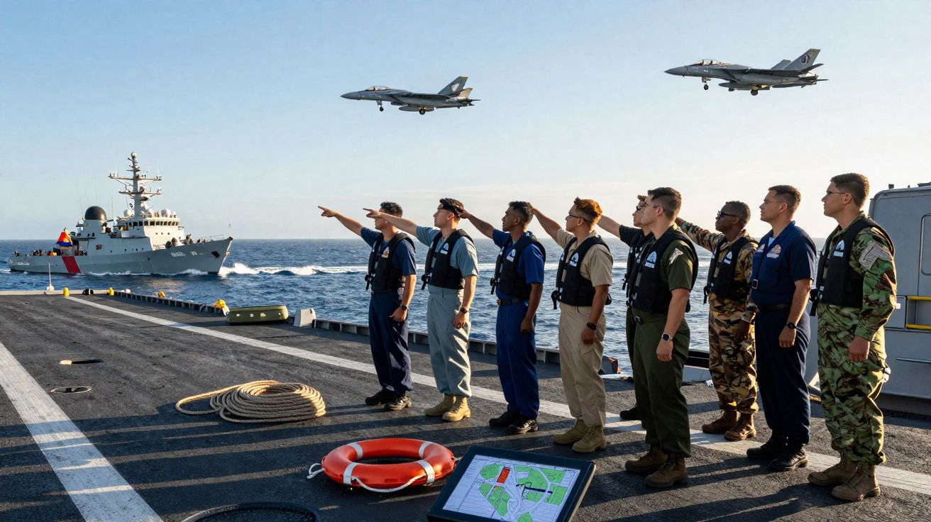 Marinheiros numa plataforma naval a apontar para dois aviões militares em voo sobre o mar junto a um navio.