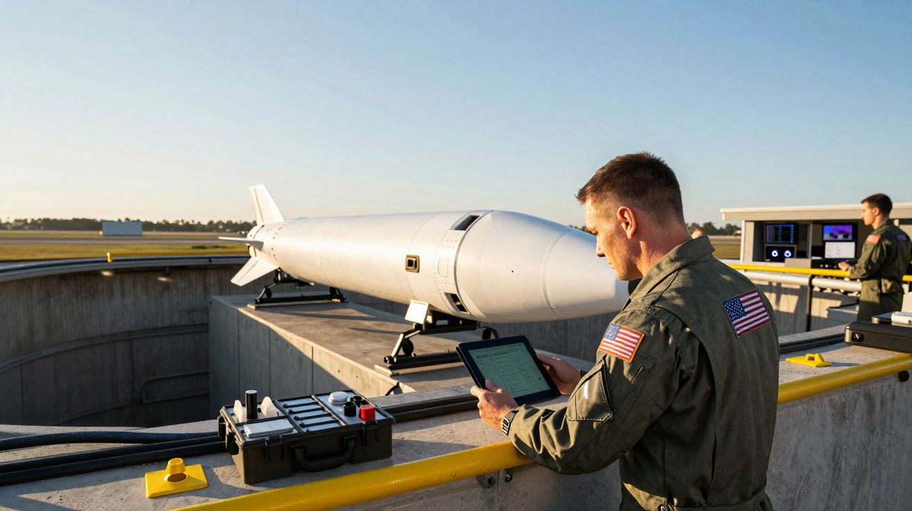 Militar americano com tablet controla bomba instalada em silo ao ar livre ao amanhecer.
