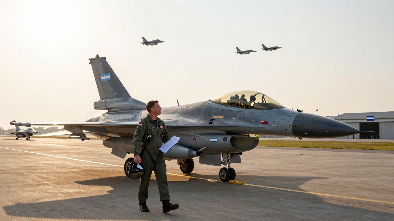 Piloto militar caminha perto de caça F-16 estacionado em pista com três jatos a voar ao fundo.