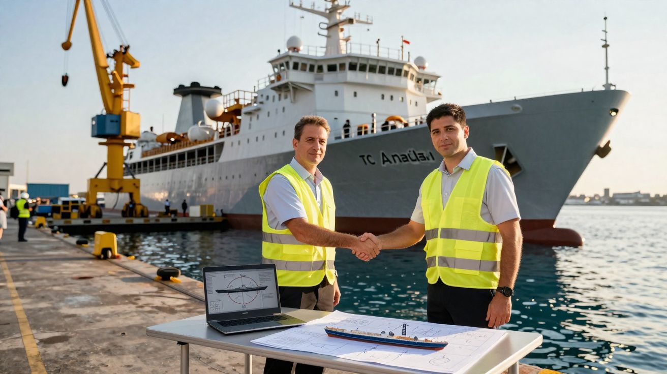 Dois engenheiros com coletes refletores apertam as mãos junto a um porto com um navio e uma mesa com planos e um modelo de na