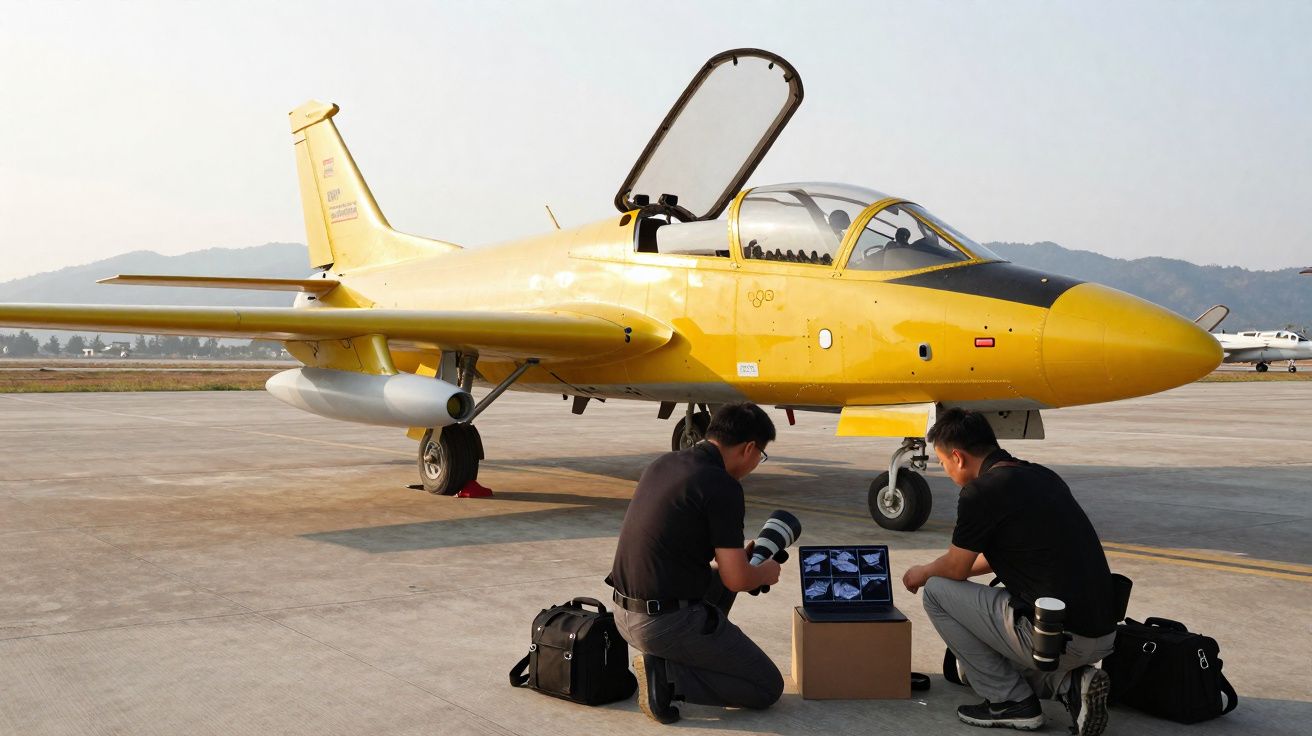 Avião amarelo no solo com dois homens analisando imagens num computador portátil junto ao jacto.