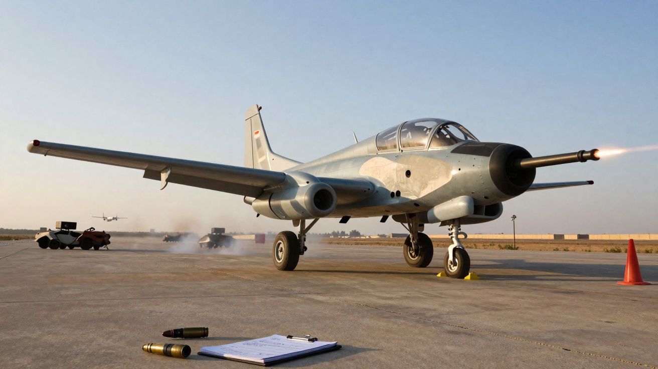 Avião de combate desarmado no solo, com disparo da metralhadora frontal em pista de aeroporto militar.