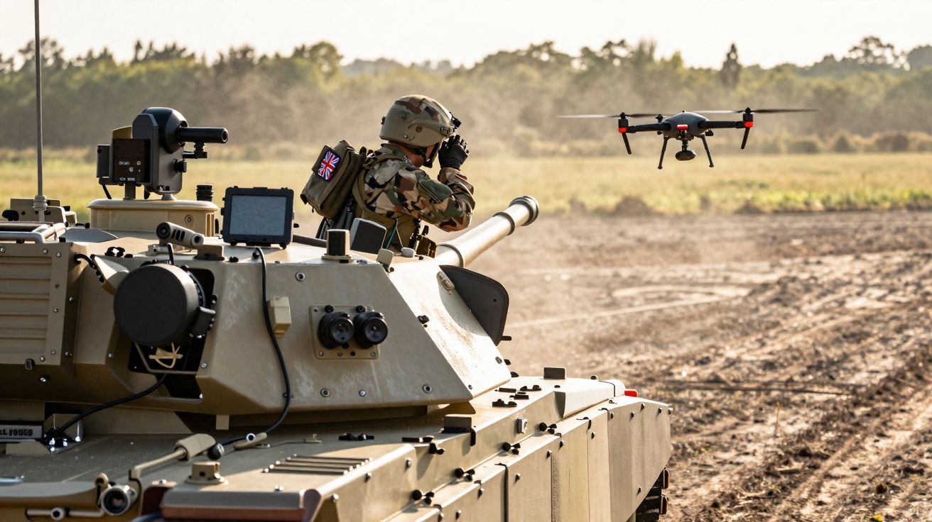 Soldado com uniforme camuflado em tanque observa drone voando sobre campo aberto ao amanhecer.