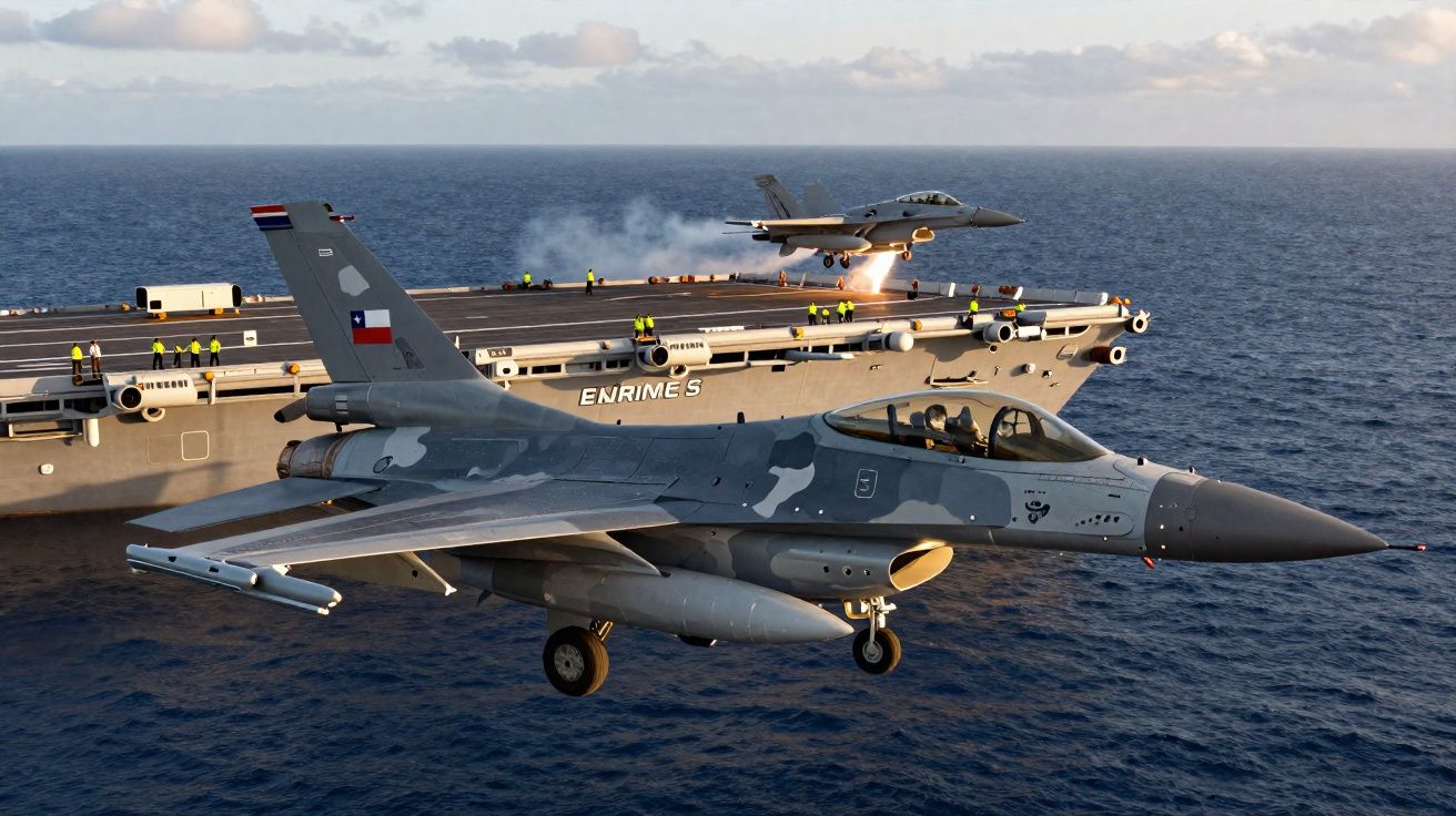 Aviões de combate militares em voo próximo a porta-aviões no mar, com tripulação na plataforma.