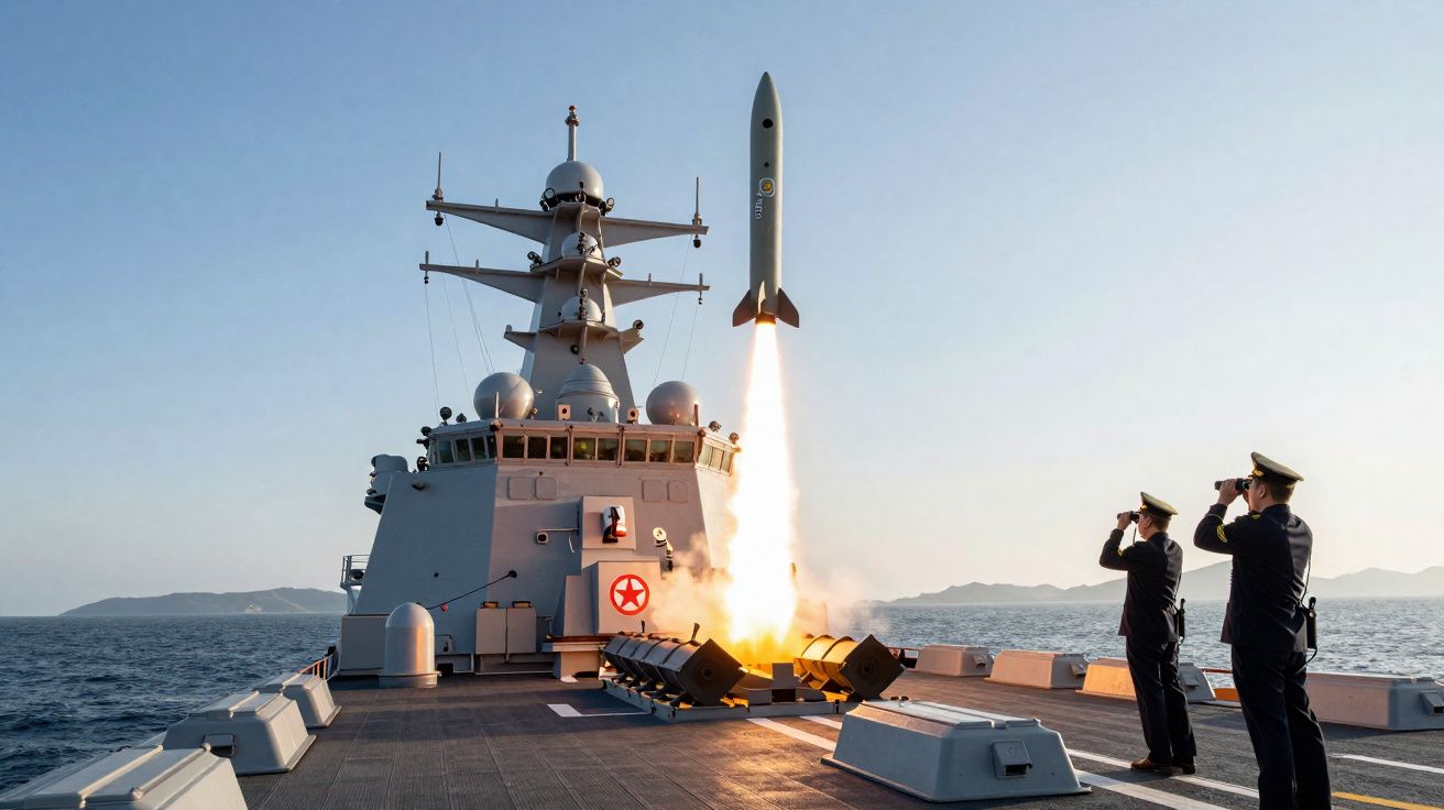 Navio militar a lançar míssil enquanto dois oficiais observam com binóculos no convés sobre o mar.