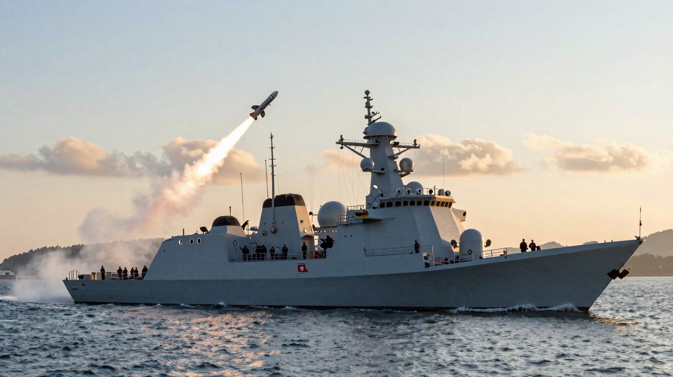 Navio de guerra a lançar míssil durante o anoitecer no mar calmo com montanhas ao fundo.