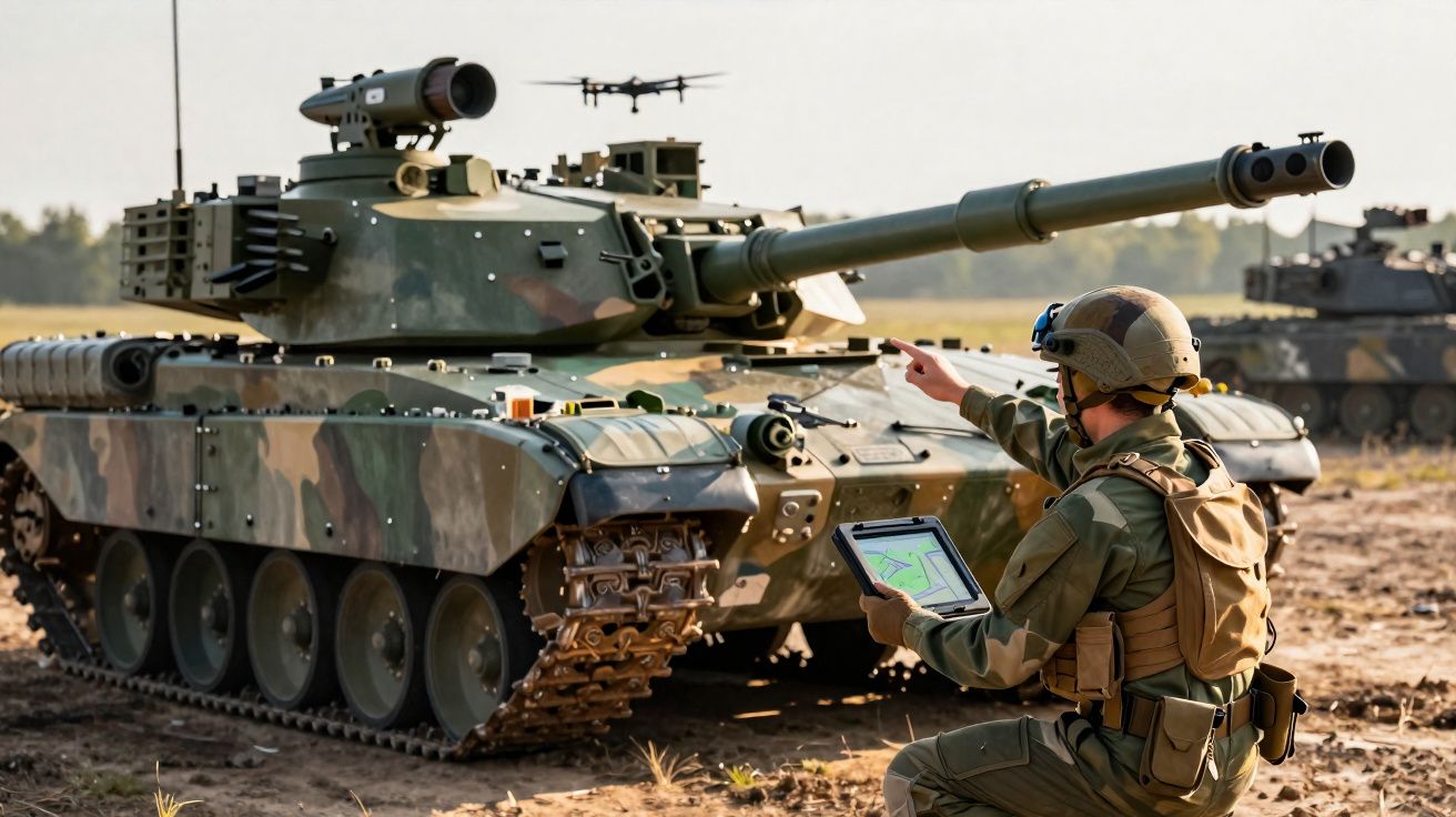 Soldado com tablet aponta para tanque militar camuflado enquanto um drone voa ao fundo.