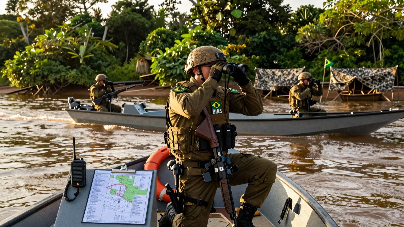 Soldados brasileiros em uniformes táticos fazem patrulha em barcos num rio com vegetação densa na margem.