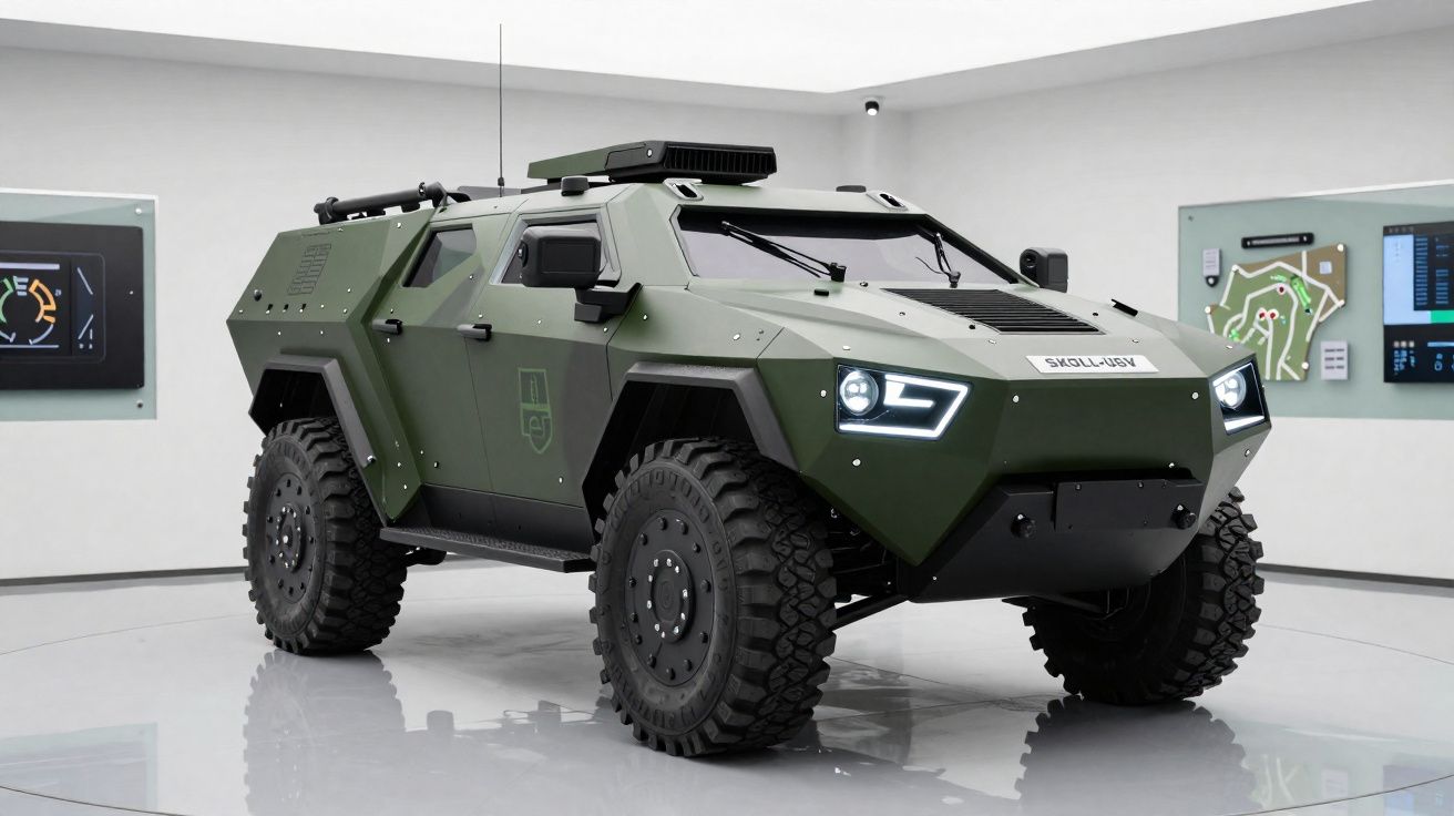 Veículo blindado militar verde com quatro rodas grandes e luzes LED ligadas, em exposição interior.