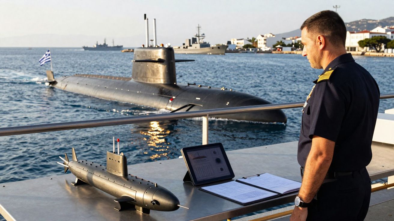 Homem militar observa submarino real em mar aberto, com miniatura do submarino e tablet numa mesa.