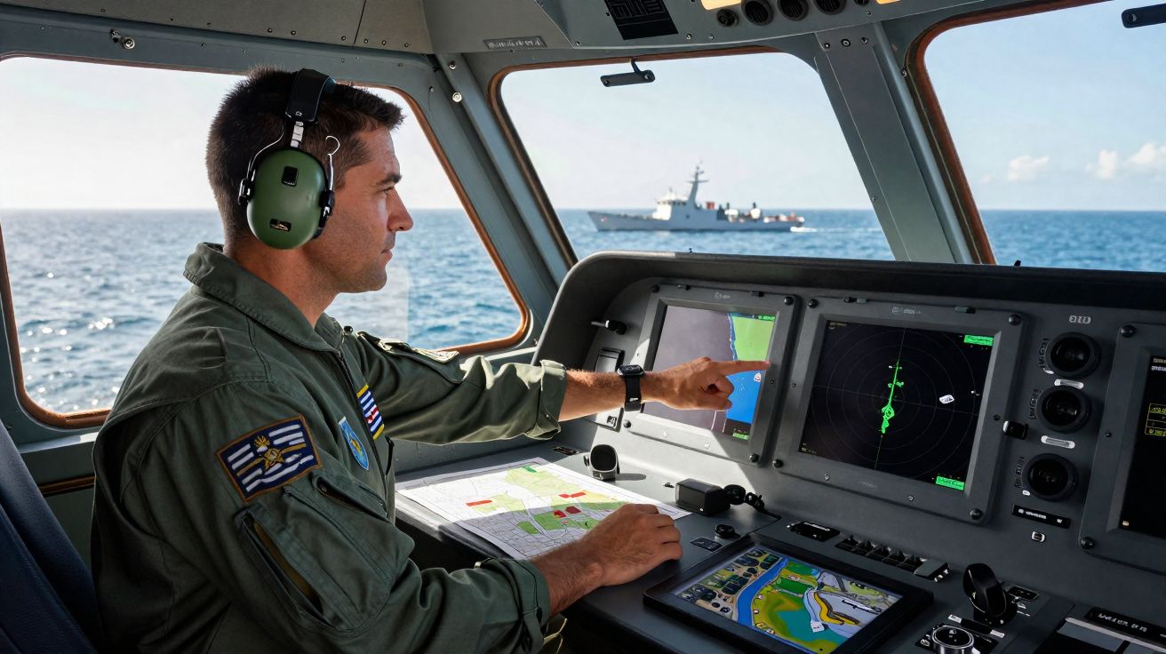 Homem com uniforme militar e auscultadores opera radar na cabine de um navio com o mar e outro navio ao fundo.