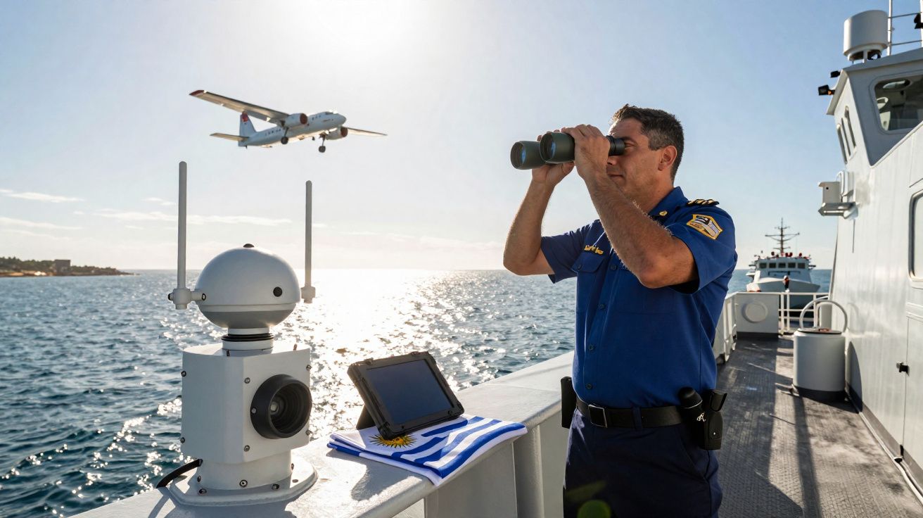 Homem em uniforme naval observa avião com binóculos a bordo de um barco no mar.