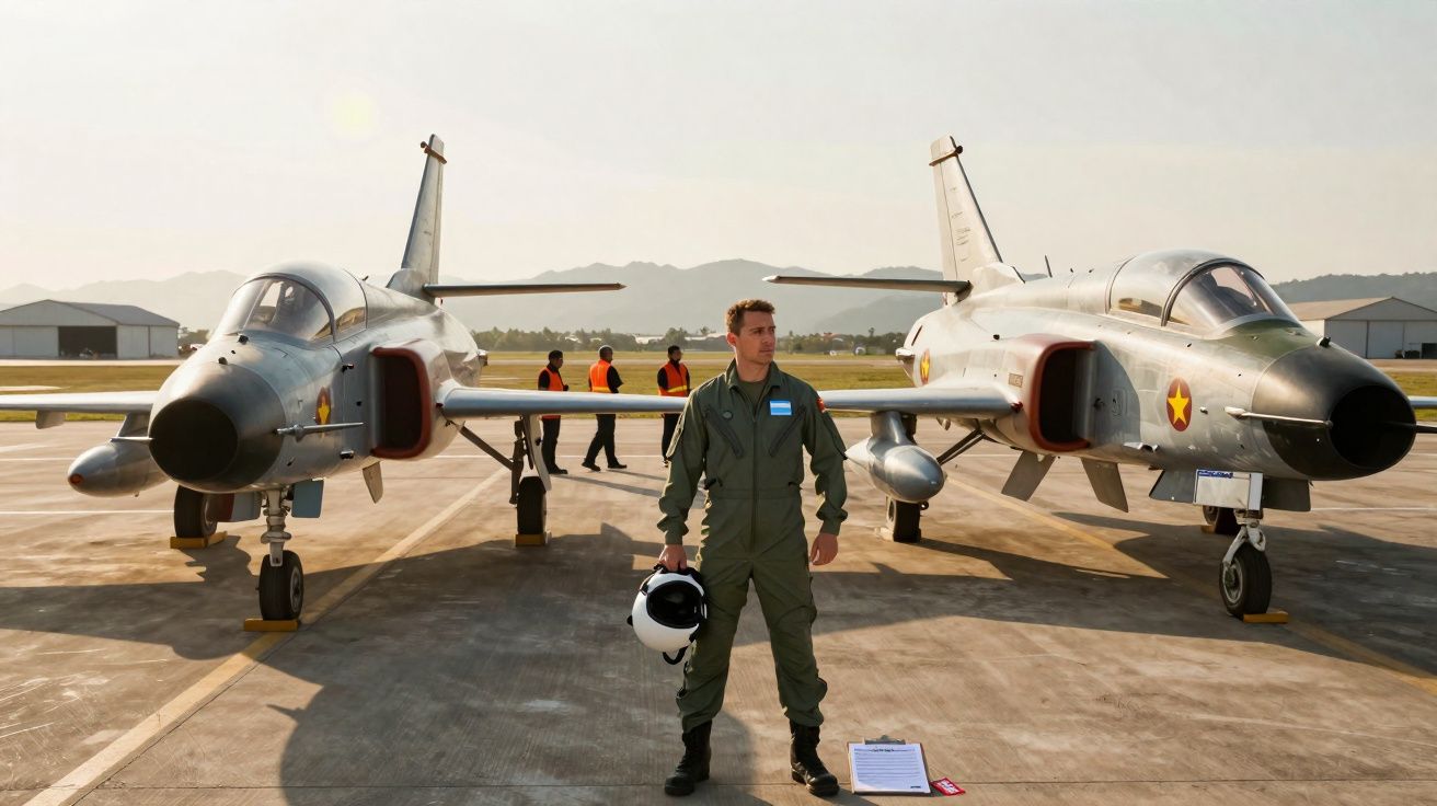 Piloto de caça em fato verde com capacete na mão entre dois jatos militares num aeródromo ao pôr do sol.