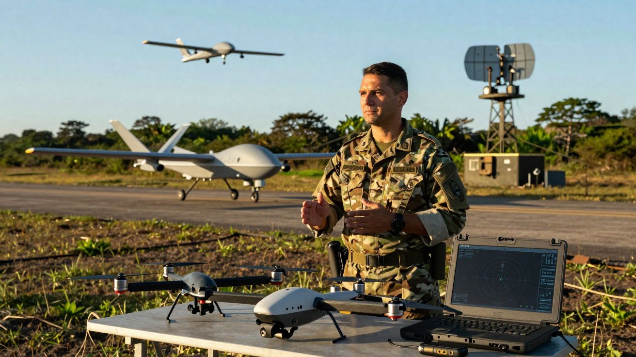 Militar em uniforme camuflado com drones e computador num campo aberto durante o dia.