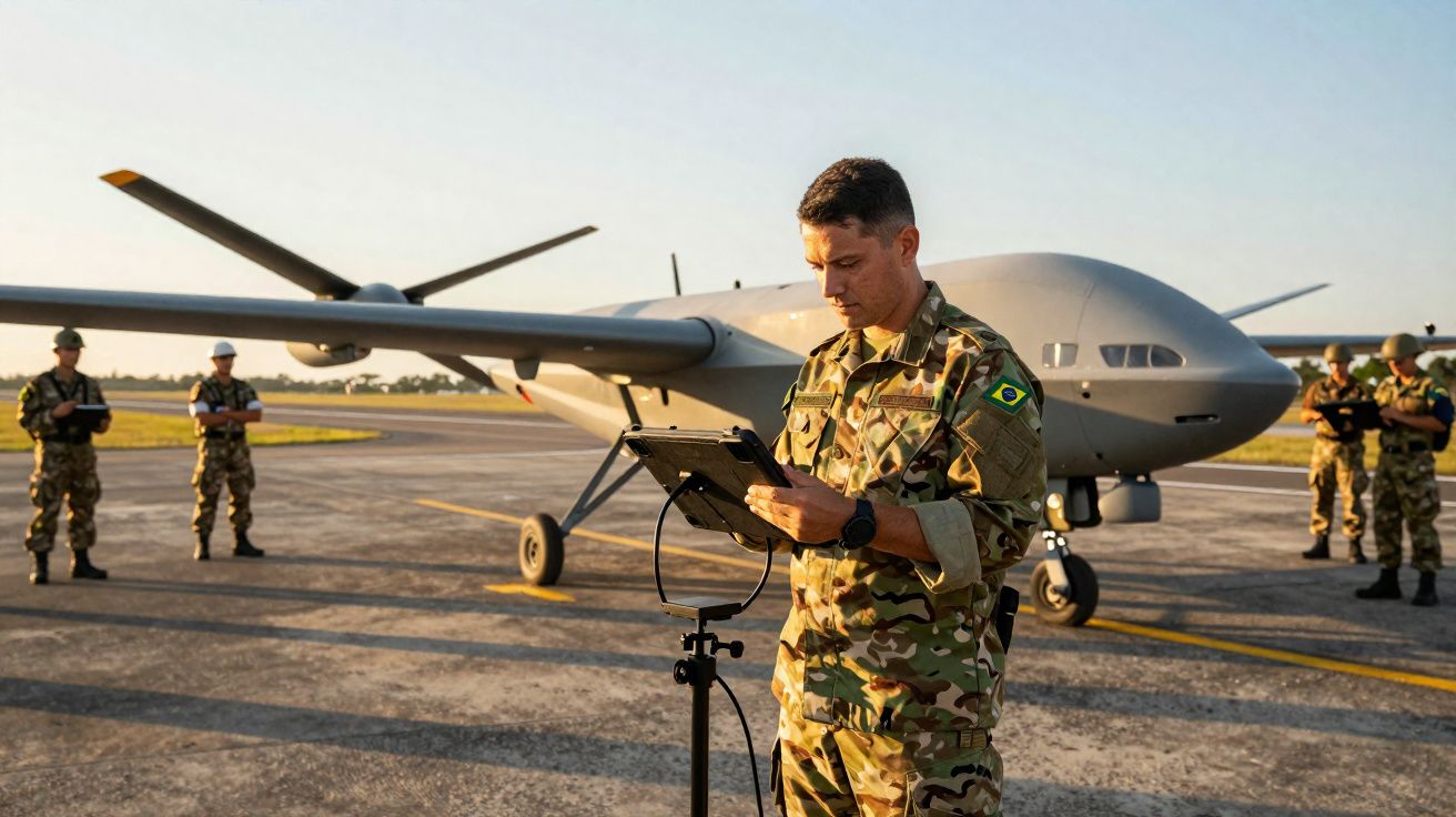 Militar brasileiro em uniforme camuflado usando tablet junto a drone militar em pista de aeroporto ao pôr do sol.