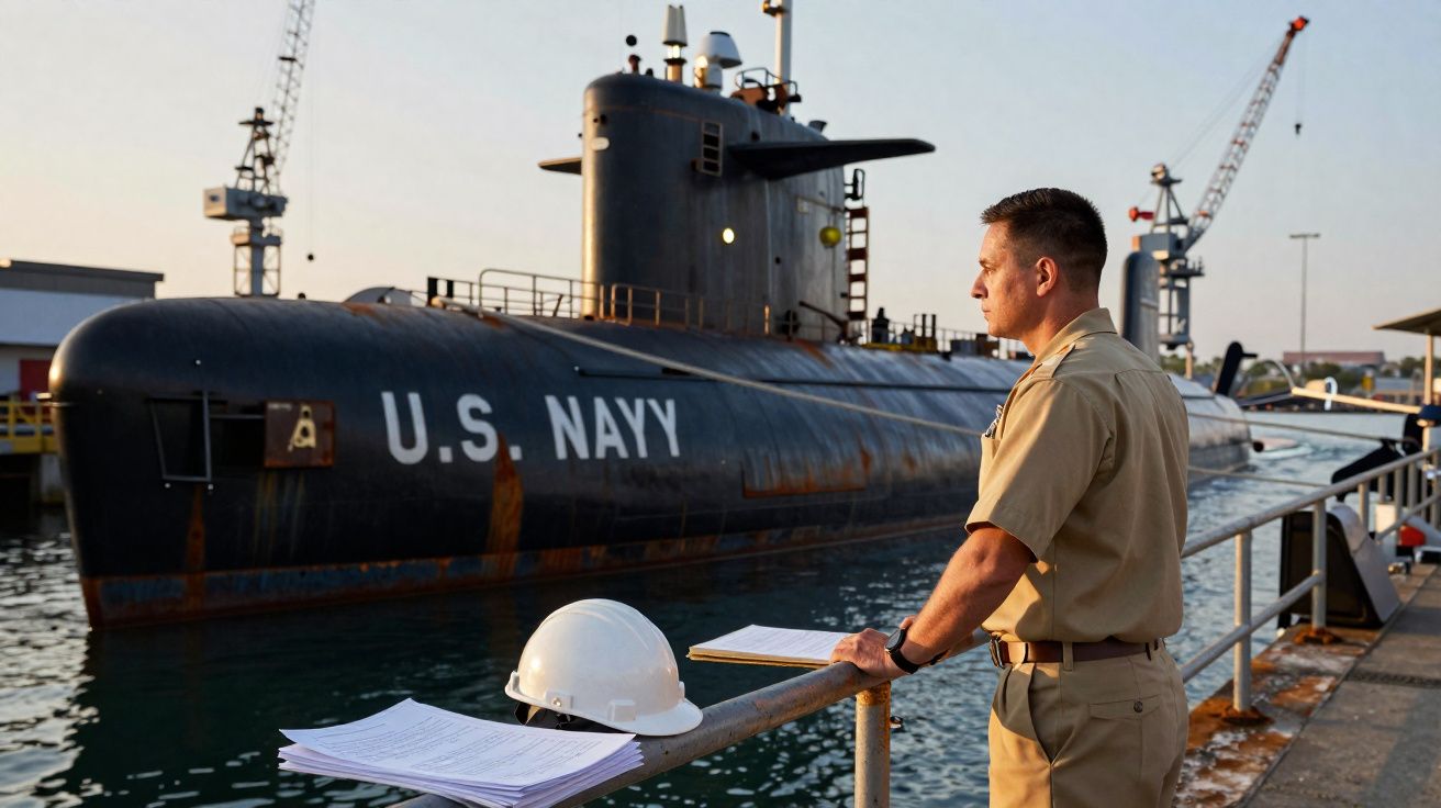 Homem em uniforme militar observa submarino da Marinha dos EUA atracado num porto ao pôr do sol.