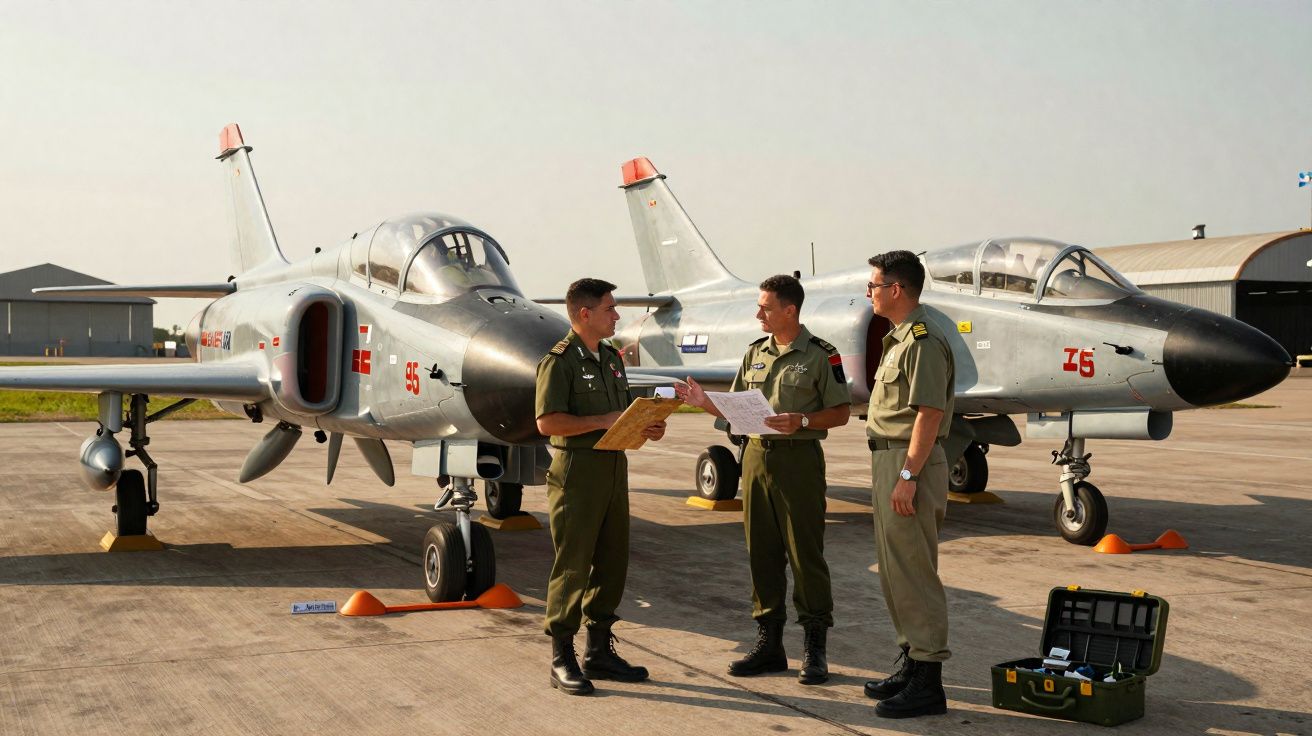 Três pilotos em uniforme verde discutem documentos junto a dois aviões militares estacionados num aeródromo.