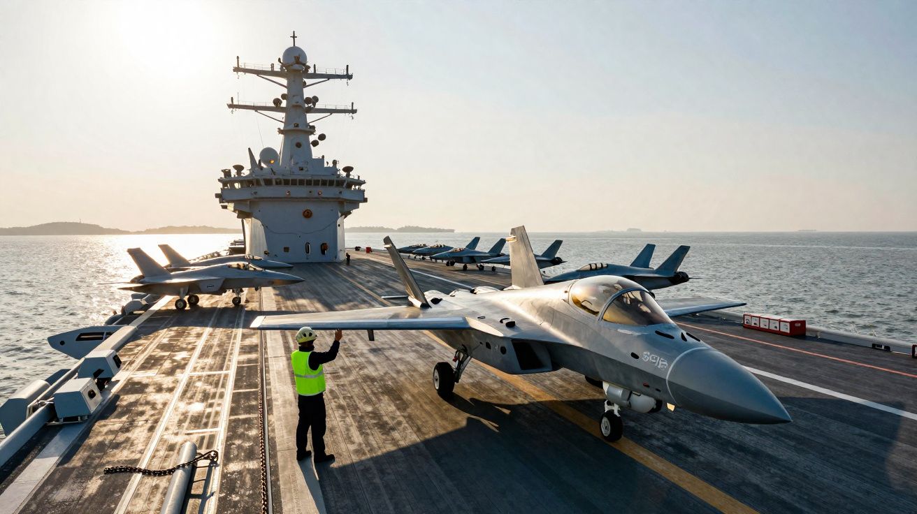 Pessoal militar prepara avião de caça num porta-aviões ao pôr do sol no mar calmo.