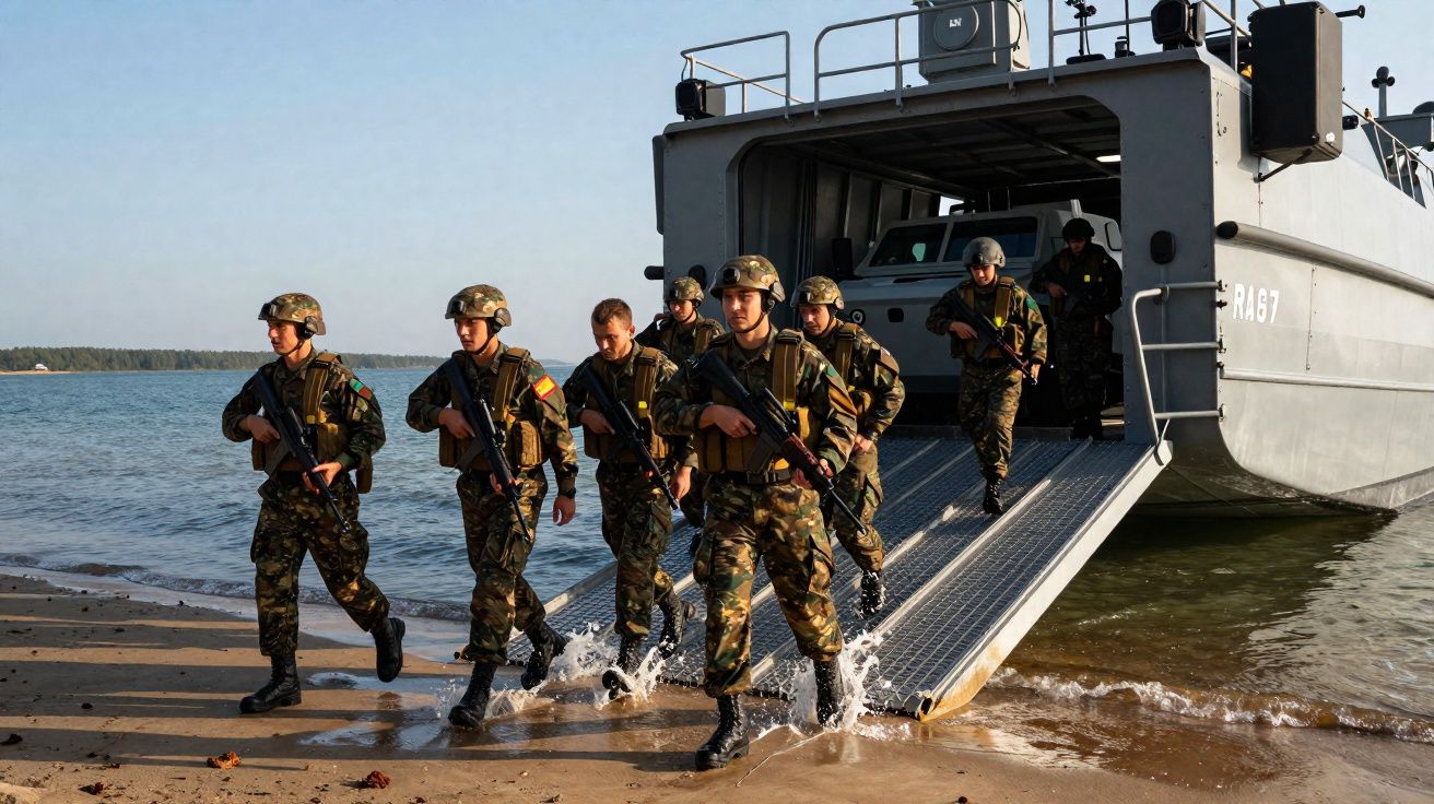 Militares em uniformes de camuflagem desembarcam de barco militar numa praia sob céu limpo.