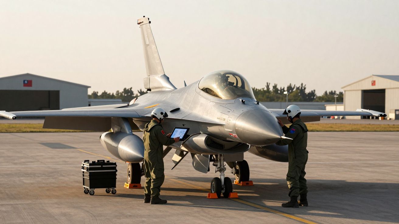 Dois militares com capacetes realizam inspeção a um avião de caça estacionado num aeroporto militar ao entardecer.