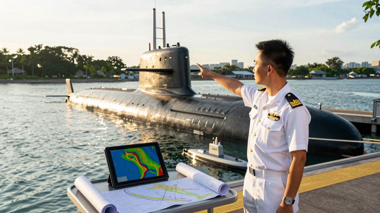 Oficial naval a apontar para um submarino ancorado enquanto observa mapas náuticos numa mesa próxima.