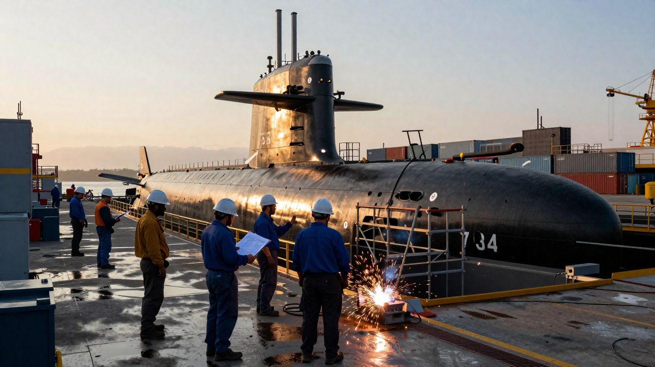 Submarino preto atracado com trabalhadores de capacete a soldar e inspecionar no cais ao entardecer.
