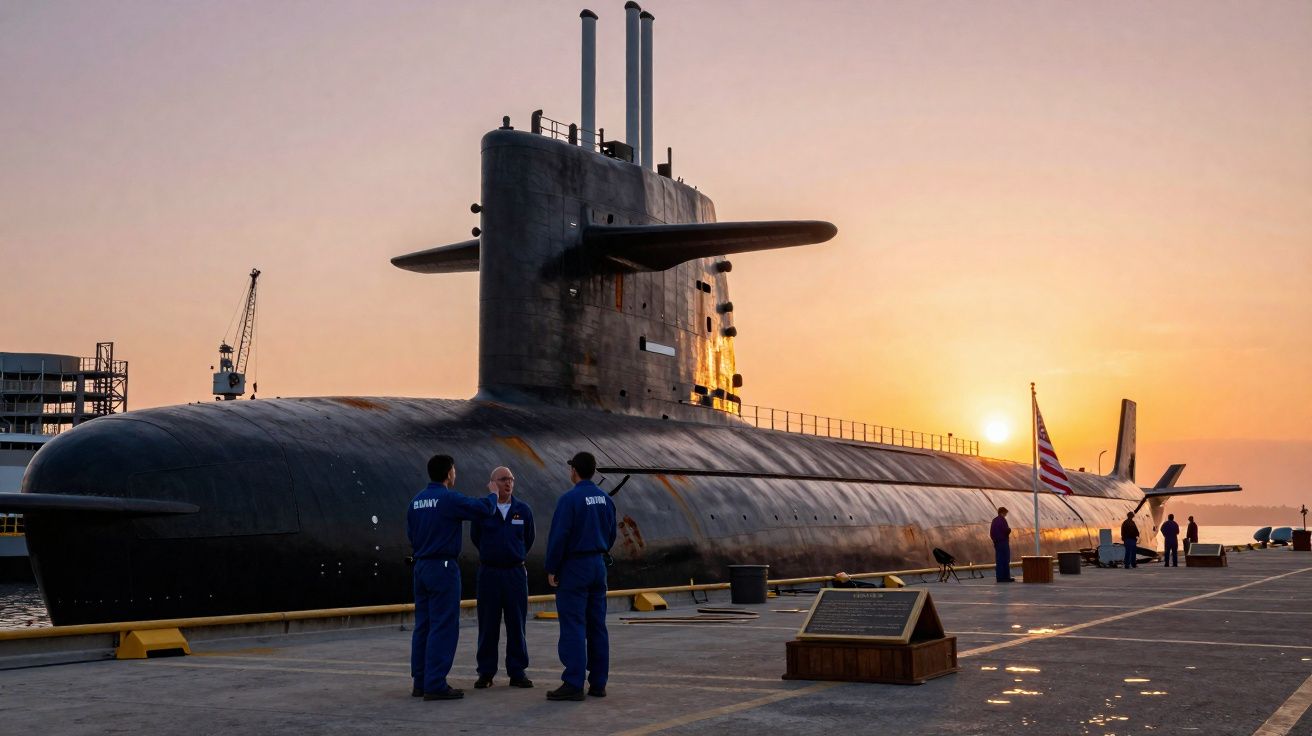 Submarino militar ancorado ao pôr do sol com tripulantes em uniforme azul no cais.