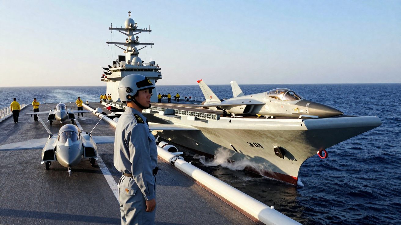 Navio porta-aviões militar com dois caças no convés e tripulação em uniforme supervisando.