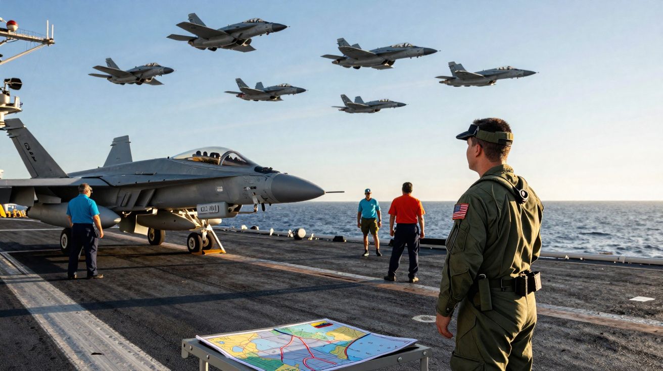 Caça militar sobrevoa porta-aviões com tripulação a observar e mapa de voo em destaque ao pôr do sol.