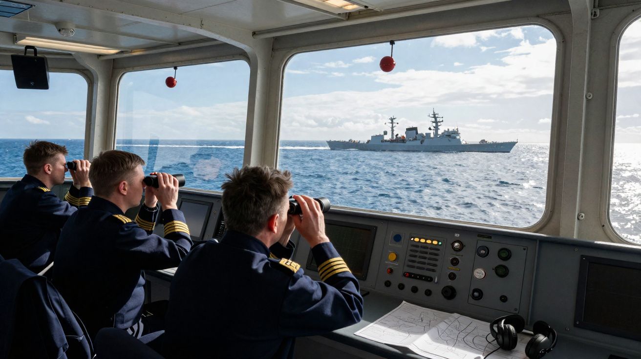 Três oficiais navais observam um navio de guerra ao longe através de janelas numa ponte de comando.