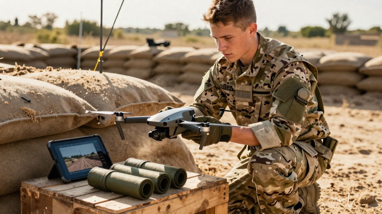 Soldado em uniforme camuflado prepara um drone ao lado de equipamento militar em ambiente desértico.