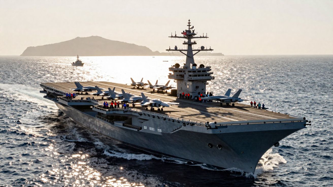Porta-aviões em mar aberto ao entardecer com vários aviões de combate no convés e homens a bordo.