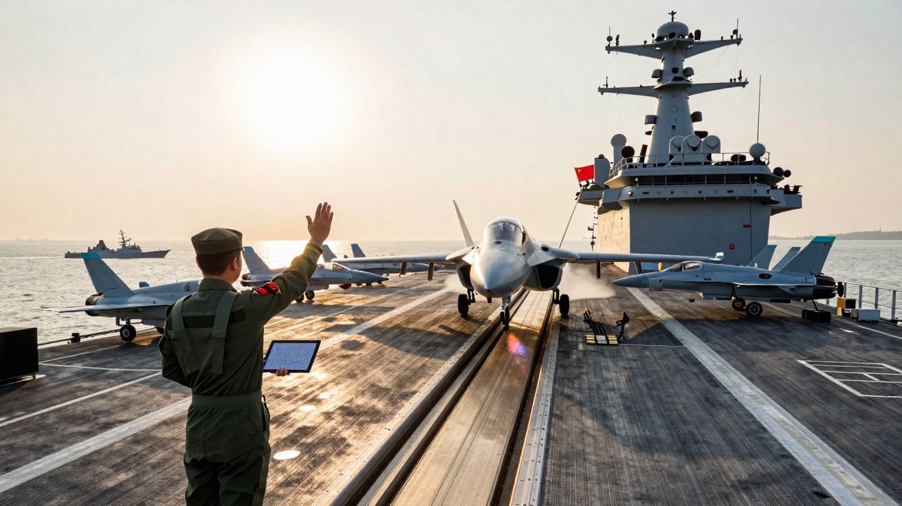 Militar a dirigir aproximação de caça no convés de porta-aviões ao pôr do sol.
