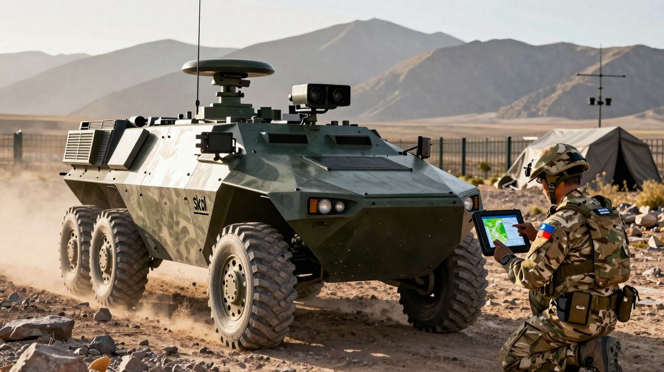 Soldado em uniforme camuflado controla veículo blindado autónomo em terreno árido com montanhas ao fundo.