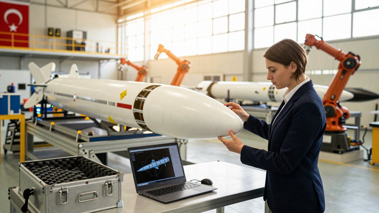 Engenheira inspeciona modelo de míssil em laboratório com braços robóticos e computador à frente.