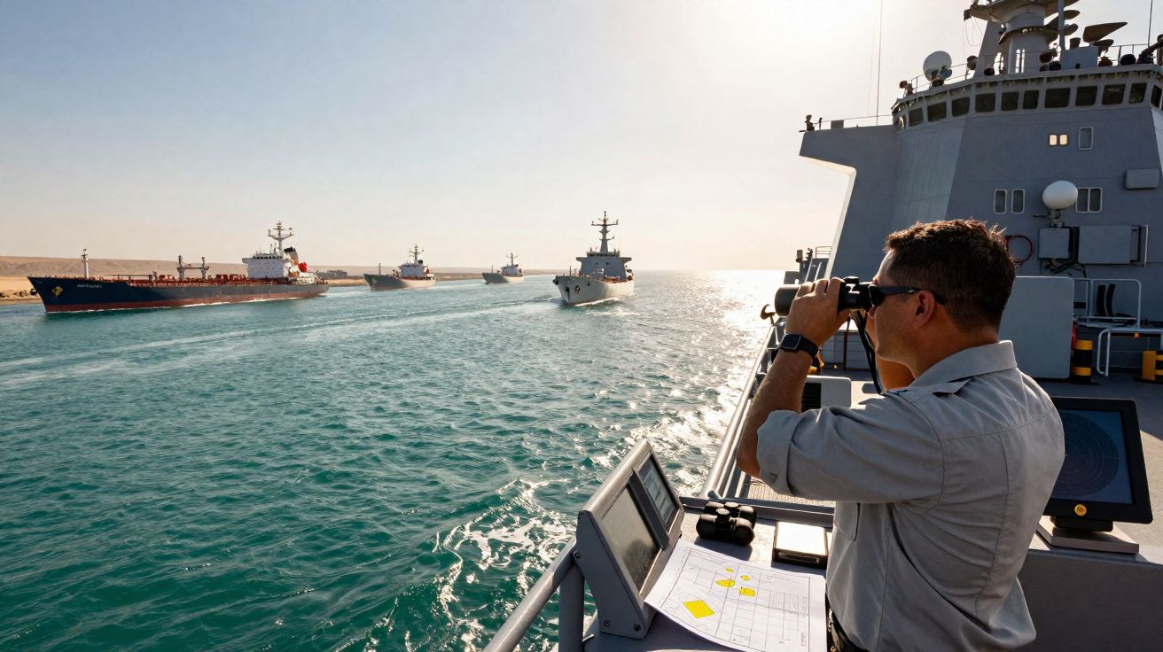 Homem em navio militar observa vários cargueiros num canal marítimo sob céu claro.