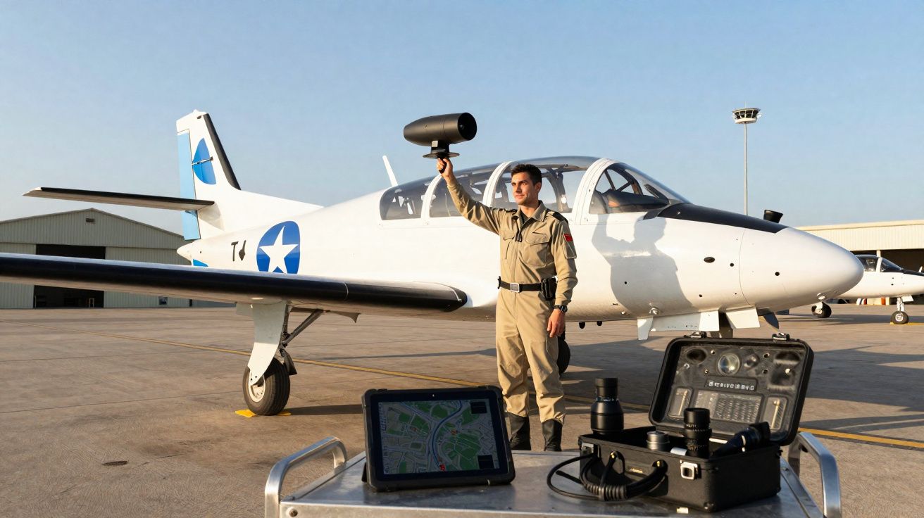 Piloto em uniforme com equipamento de monitorização ao lado de avião branco numa pista de aeroporto.