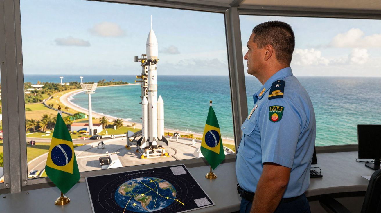 Homem em uniforme azul observa modelo de foguetão perto do oceano com duas bandeiras do Brasil.